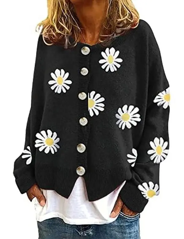 utcoco Women's Aesthetic Oversized Cropped Cable Knit Cardigan - Basics, Foldable, Stretchy Fabric Knitwear, Dressy Geometric Flower Print, Breathable Crewneck, Preppy Bohemian Vintage Winter Top (Valentines Day Focused)