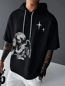 Men's Solid Color Fitted Hooded Short Sleeve Graphic T-Shirt, Trendy Streetwear for Summer, American Style Casual Hoodie for Versatile
