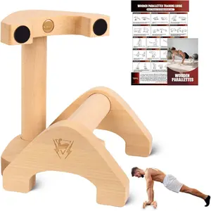 Wooden Push Up Bars, 2 PCS Solid Beech Wooden Parallettes with Embedded Non-slip Feet & Training Poster for Floor, Push Up Stands for Men Strength Training