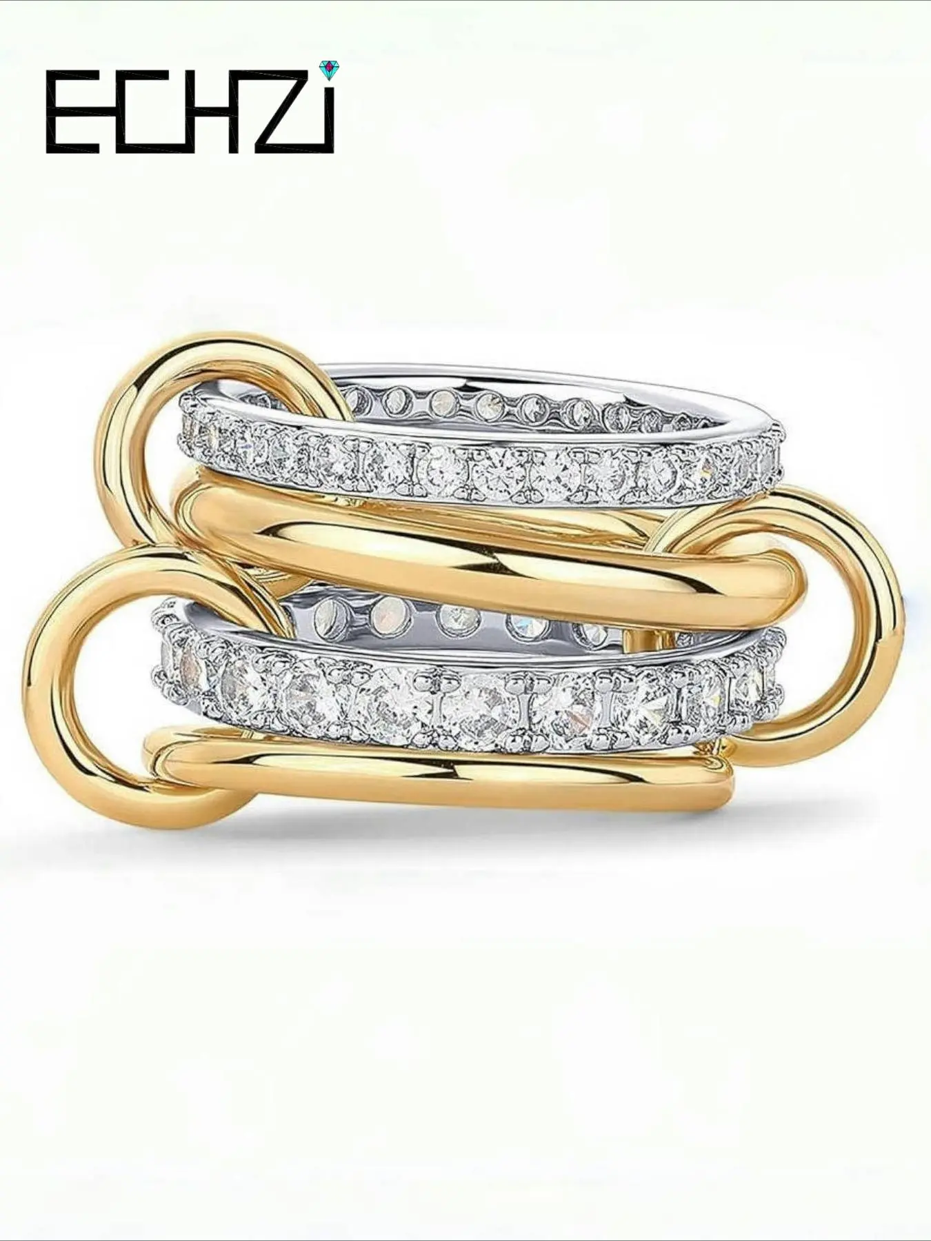 14k Gold Plated Interlocked Stackable Rings for Women, Fashion Stackable Rings, Dainty Stacking Rings, Statement Mixed Metals Multi Ring Stack, Cubic Zirconia Two-toned Connected Bands Stacking Jewelry, Wedding Ring Stack, Stackable Engagement Ring