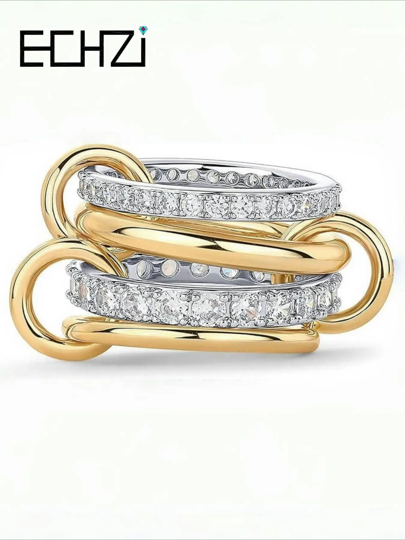 14k Gold Plated Interlocked Stackable Rings for Women, Statement Mixed Metals Multi Ring Stack, Cubic Zirconia Two-toned Connected Bands Stacking Jewe
