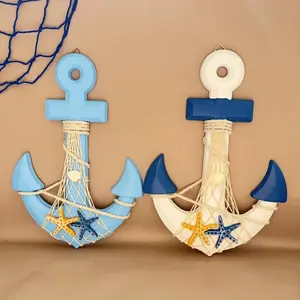 1pc 12.8in Nautical Wooden Anchor with Rope, Mediterranean-Style Iron Anchor Ornament Hook, Beach-Themed Home Wall Art, Door Hanging Decoration