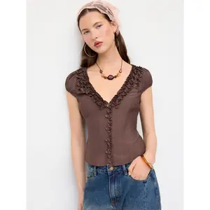 Cider Textured V-Neck Puff Sleeve Bowknot Ruffled Blouse