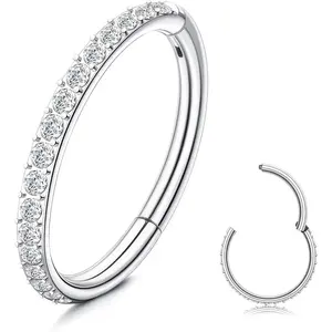 G23 Titanium CZ Nose Rings Hoop for Women 18G 16G Clicker Hinged Segment Septum Lip Rings Tragus Conch Helix Cartilage Rook Daith Earrings Hoop   Diameter 6mm 8mm 10mm