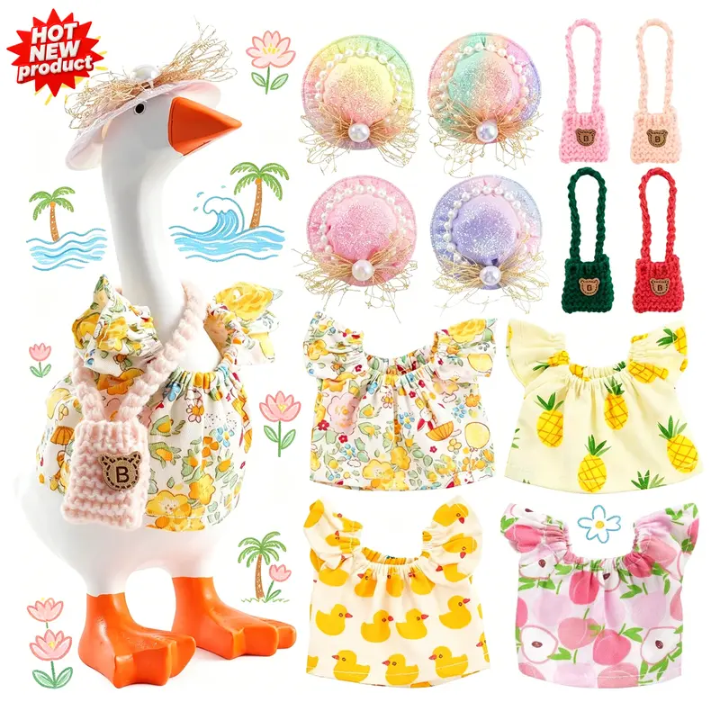 4 Sets  7 Inches Desk Goose Outfits Mini Desk Goose Summer Clothes with Cute Felt Hat Dresses and Bag for Magnetic Porch Geese Key Holder Decor Gifts
