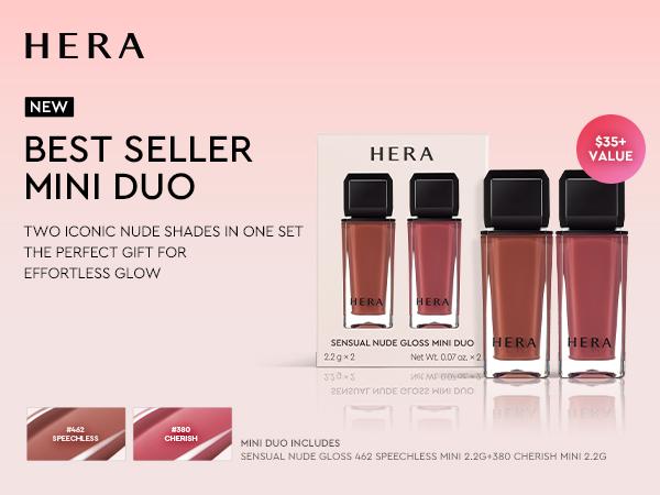 HERA Sensual Nude Lip Gloss Mini Duo #462 SPEECHLESS + #380 CHERISH | Volumizing Sheer & Glossy Finish, Non-sticky, Moisturizing and Hydrating, Signature Shades, Mini Size Duo for Gift, 0.07 oz.× 2EA