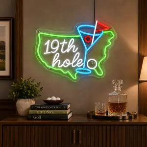 19th Hole Golf Neon Sign, USA Map LED Wall Light with Cocktail Glass and Golf Ball Design, Dimmable USB Powered Neon Wall Decor for Golf Lovers, Home Bar, Man Cave, Garage, Game Room, Clubhouse, Dad Husband Birthday Gift Decor, Sports Fan Wall Art Decor