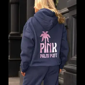 Pink Palm Pufff Classic Puff Hoodie in Navy Oversized, Women'S Casual Hooded Sweatshirt - White Pullover with Front Pockets, Soft & Durable Fabric, Machine Washable Cotton Unisex Womenswear Drawstring