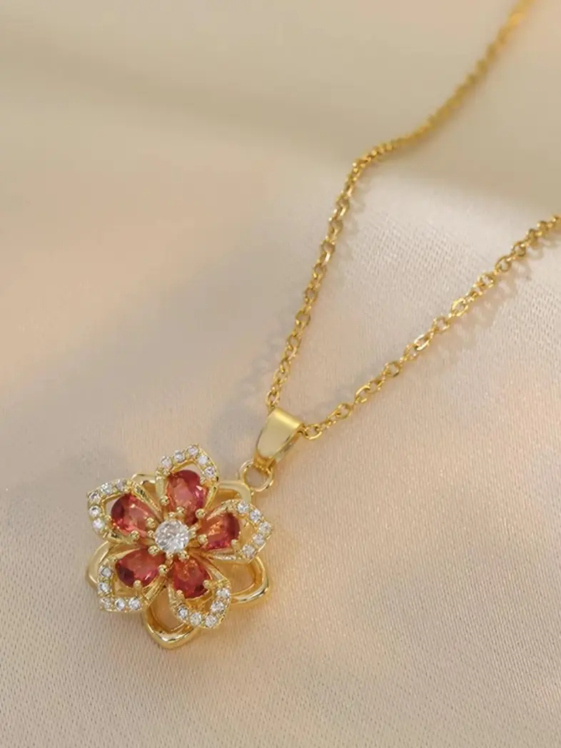 Women's Rotatable Flower Charm Necklaces - Colored Rhinestone Decor, 90s Minimalism Exquisite Jewelry, Cute Girly Accessory for Party & Holiday Wear, Anniversary Gift