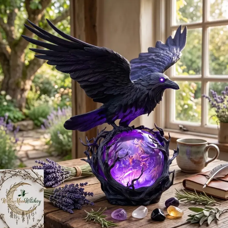Halloween Raven Decor Light, Gothic Black Crow Statue with Glowing Purple Crystal Ball, LED Magic Orb Tabletop Decoration for Home, Witchy Room Decor, Spooky Halloween Party Ornament, Witchy Dark Academia Desk Decor Moonlight Ornament | Halloween Decor