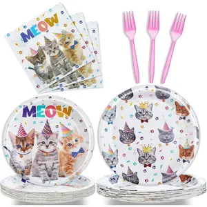 96 Pcs Disposable Cat Theme Kids Birthday Party Tableware Set Plates Napkins Forks Decorations Supplies Serves 24 Guests