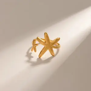 Positano - Gold Starfish &amp; Seashell Ring – Non-Tarnish Waterproof Adjustable Beach Ring