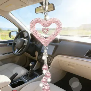 Car Rearview Mirror Hanging Ornament, Full Drill Hollow Out Dual Heart Tassel Pendant, Car Interior Decoration Accessory