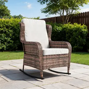 Relaxing Outdoor Rocking Chair – PE Rattan Wicker Rocker with Plush Cushions – All-Weather Steel Frame – Great for Garden, Porch, Backyard, Deck, Poolside
