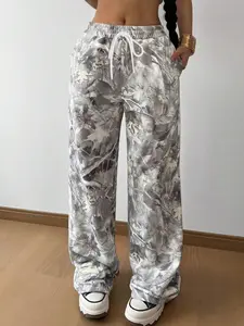 Women's Plaid Patchwork Loose-Fit Straight Leg Pants, Casual All-Season Wear, Comfortable Everyday, Versatile Graduation & Back-To-School Apparel, Casual Lounge Pants