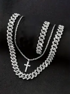 1count-20/50/60cm Hip Hop Iced Out Bling Cross Chain Design Necklace For Men Women Miami Cuban Chain Necklaces Fashion Jewelry Set
