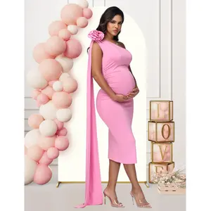 Maternity Elegant One Shoulder Floral Embellished Baby Shower Midi Dress Pregnant Party Dresses Summer
