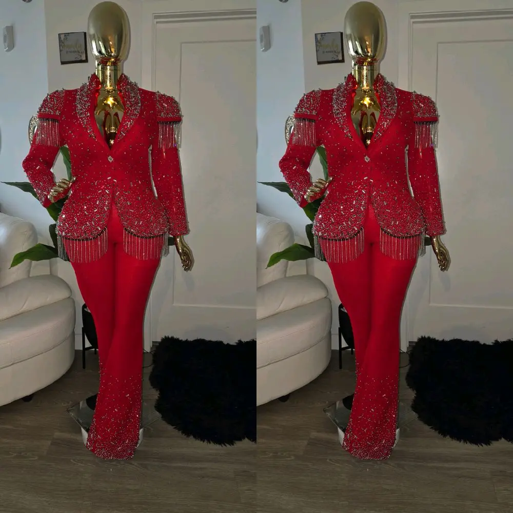 Elegant Red Rhinestone Mesh Flare Pants Highwaiste Statement piece