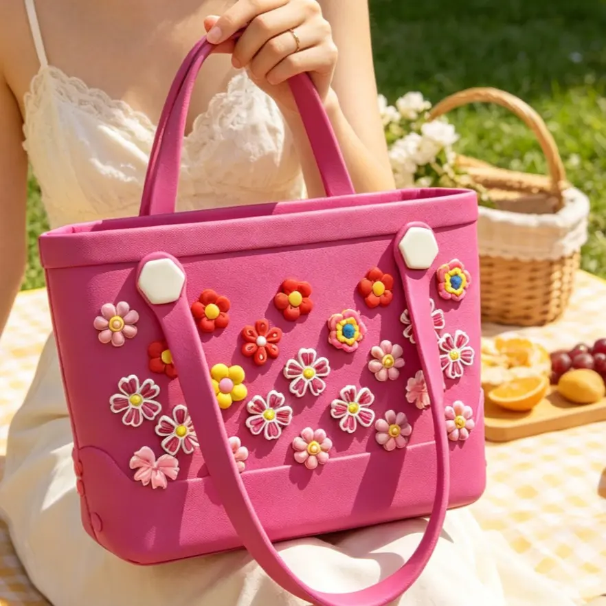 Waterproof Durable Tote Bag - Leisure Bag with Drain Holes, Flower Charm, Outdoor Casual Fun Use for Beach Trips, Farmers Market Runs,back to school,back to school haul