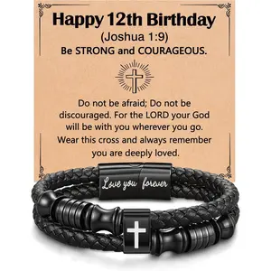 Joshua 1:9 Encouraging Christian Birthday Gifts for Boys Teens Men, Bible Verse Leather Cross Bracelet Present