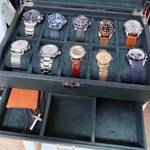 VLANDO Watch Box for 10 slot, Lockable Watch Case with Textured Leather, 2 Layer Watch Holder for Rings, Bracelets, Glasses, Glass Lid, Removable Divider, Christmas Gift  Holiday Gifts for Fathers, Husband, Friend