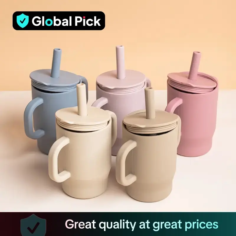 180ml Silicone Water Cup with Lid & Straw, 1 Count Portable Double Handle Water Mug, Drinking Cup for Home Office Outdoor Camping