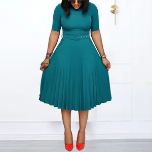 Women's Plus-Size 3292 Elegant Belted Dress - European American Chic Style, Round Neck, Shortsleeve, Mid-Length Pleated Skirt, Minimalist Basic Fit, Overall Cozy, Accessories for Summer Formal & Casual Wear