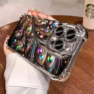 Fashionable and beautiful luxury gem peacock feather art pattern mobile phone case for iPhone 16 15 14 13 12 11 X XS PRO PLUS MAX four-corner drop-proof transparent soft silicone lens full coverage protection shockproof party banquet mobile phone case