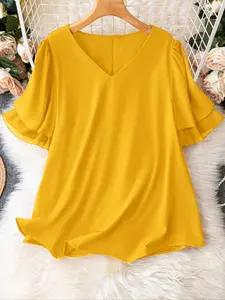 Elegant Women's V-Neck Short Sleeve Chiffon Top, Lightweight Layered Ruffle Sleeves, Casual Chic Daily Wear, Versatile Commute