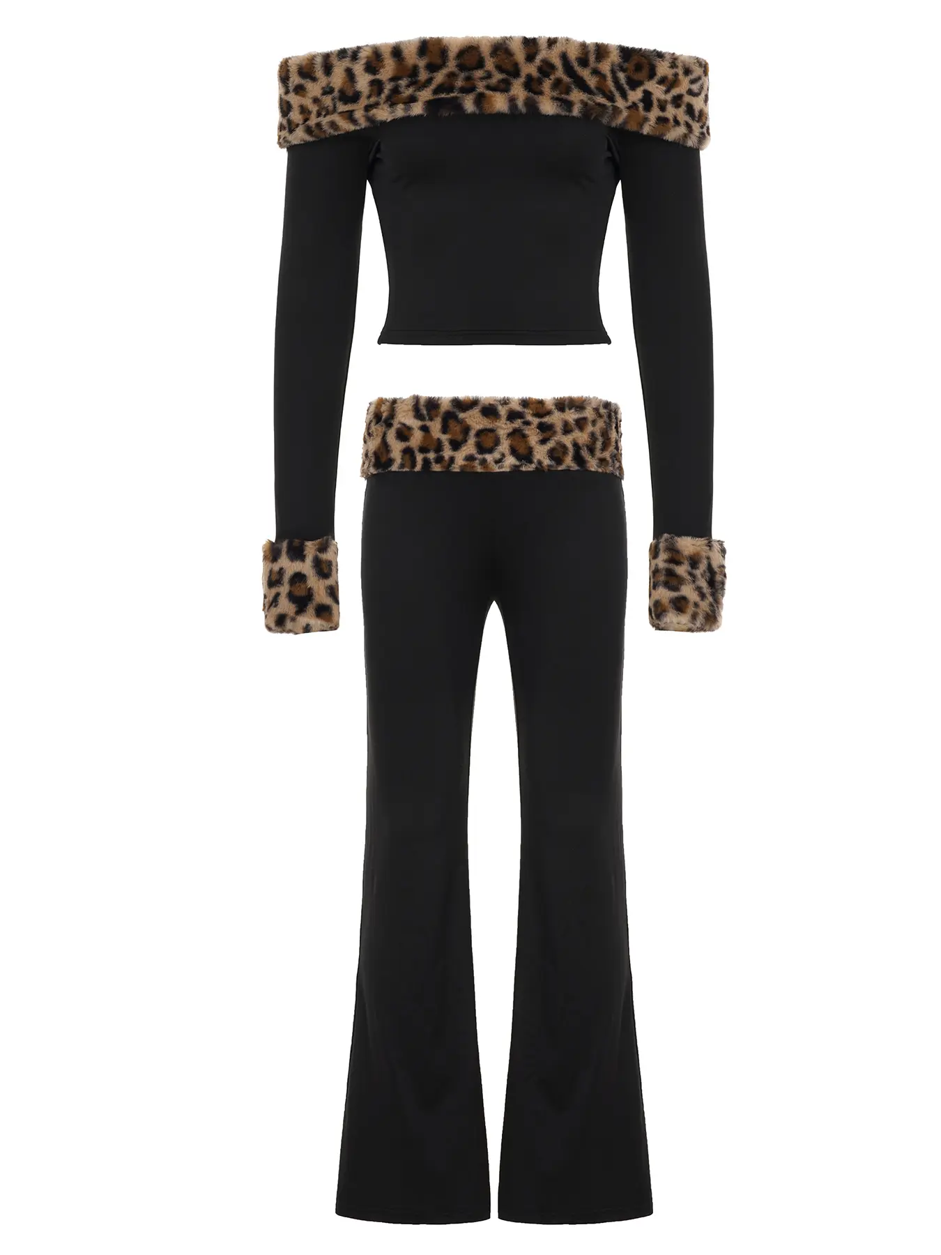 Women's Sexy Winter Faux Fur Leopard Print Two-Piece Set Fashion Clothes  Set. Off-Shoulder Slim