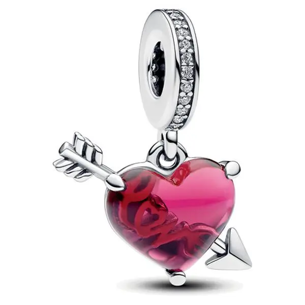 Pandora Red Heart & Arrow Murano Glass Dangle Charm Sterling silver 793085C01, 925 Charms & Pendants, Arrows Charms & Pendants