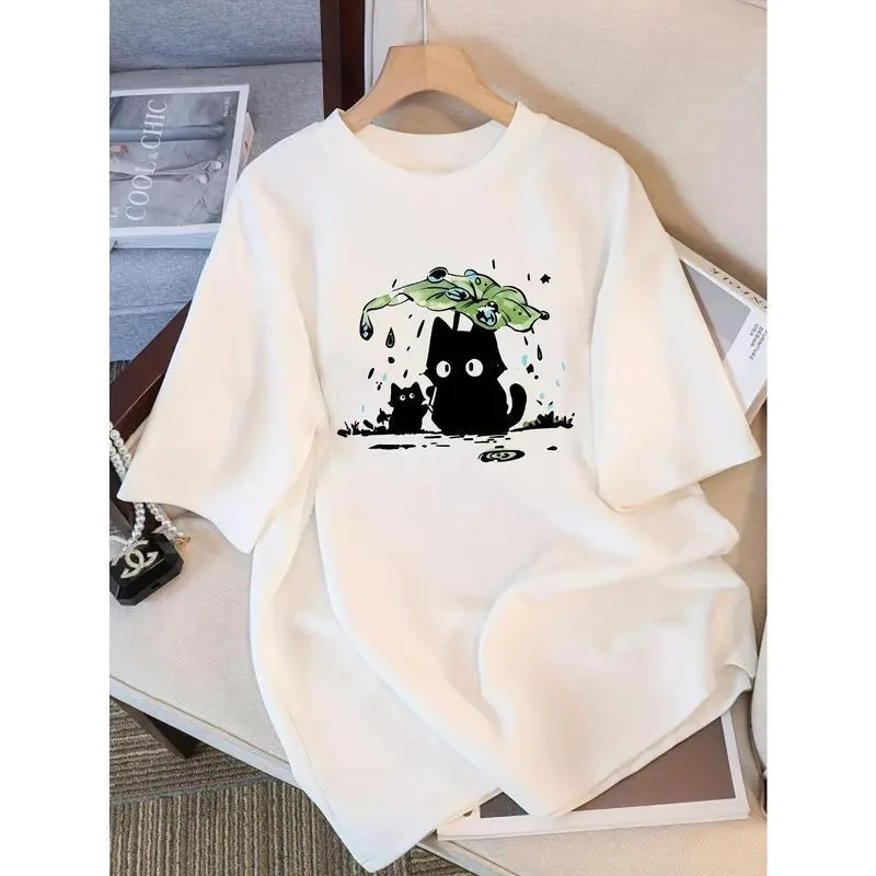 Y2K-Inspired Cute Cat & Bird Cartoon Print Short Sleeve T-Shirt for Women - Slim Fit, Breathable, Crew Neck, Perfect for Spring/Summer/Fall, Casual Summer Top | Playful Print | Glossy Fabri
