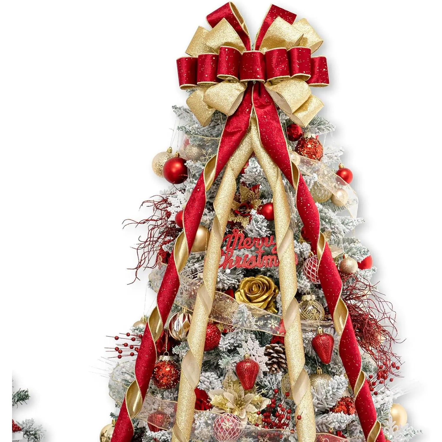 Christmas Tree Topper Bow 53x13 Inches Large Christmas Bow with Glitter Streamer Decorative Bows for Xmas Tree Wreath Door Festival Home Decor(Red Gold)