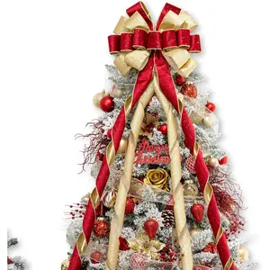 Christmas Tree Topper Bow 53x13 Inches Large Christmas Bow with Glitter Streamer Decorative Bows for Xmas Tree Wreath Door Festival Home Decor(Red Gold)