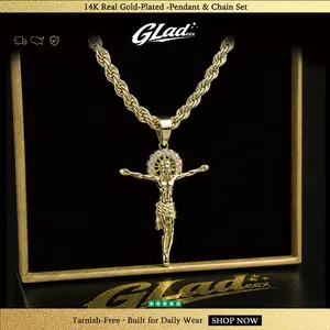 GLADEEX 14K Gold Plated Rope Chain Necklace for Men, 24 Inch Twisted Gold Chain with Jesus Pendant, Tarnish Resistant Hip Hop Religious Jewelry