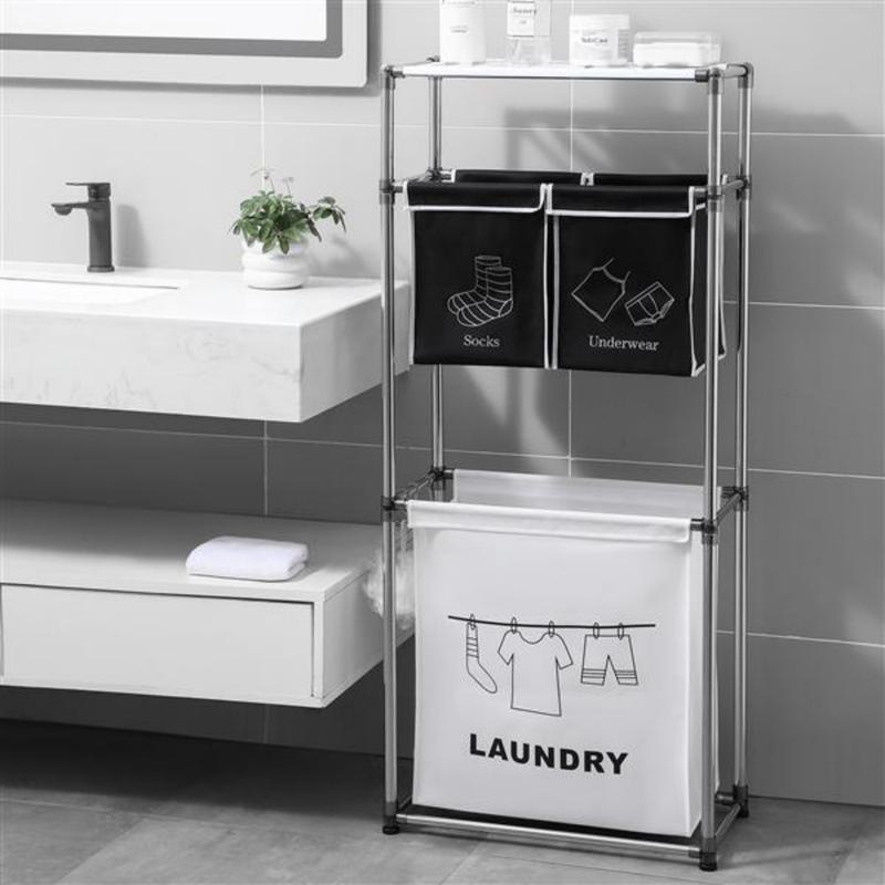 2-3 Tier Laundry Hamper with Removable Fabric Bins, Freestanding Laundry Sorter Organizer with Hooks, Foldable Sorting Basket for Bedroom, Bathroom & Dorm (3-Tier)