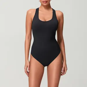 Women's Tummy Control Bodysuits Sleeveless Scoop Neck Solid Color Leotard Tops Stretchy Playsuits