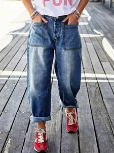 Women's Fashion Deep Blue Denim Jeans, Loose Fit, Washed Vintage Effect, Retro Style, All Season Wear, Creative Banana Cut Design