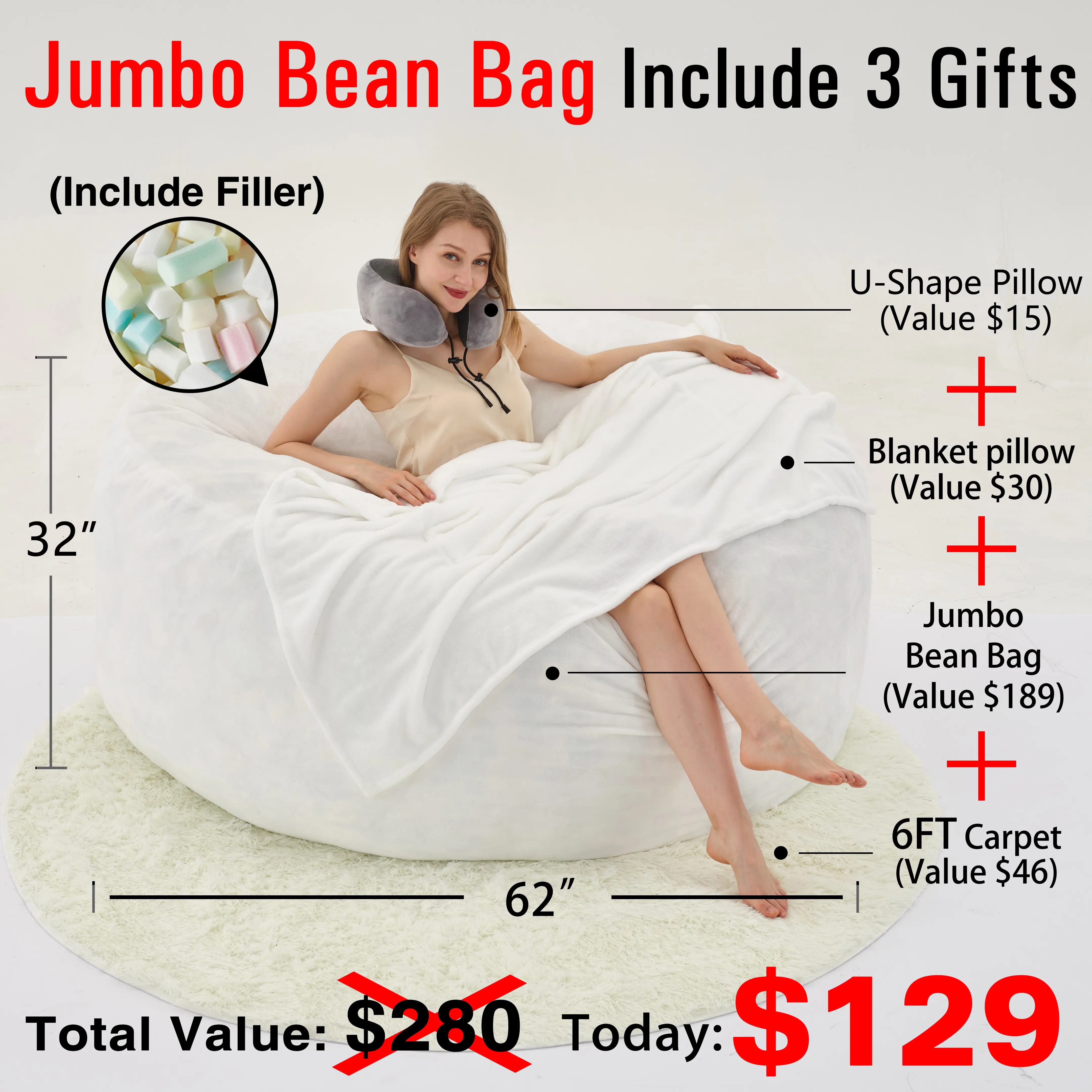 Jumbo White(Cover Filler U-pillow Blanket Carpet)