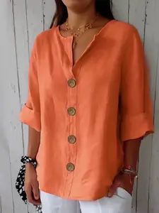 Women's Summer New Arrival Loose Fit V-Neck Cotton Linen Button T-Shirt, Casual Striped Dress, Comfortable and Stylish Top