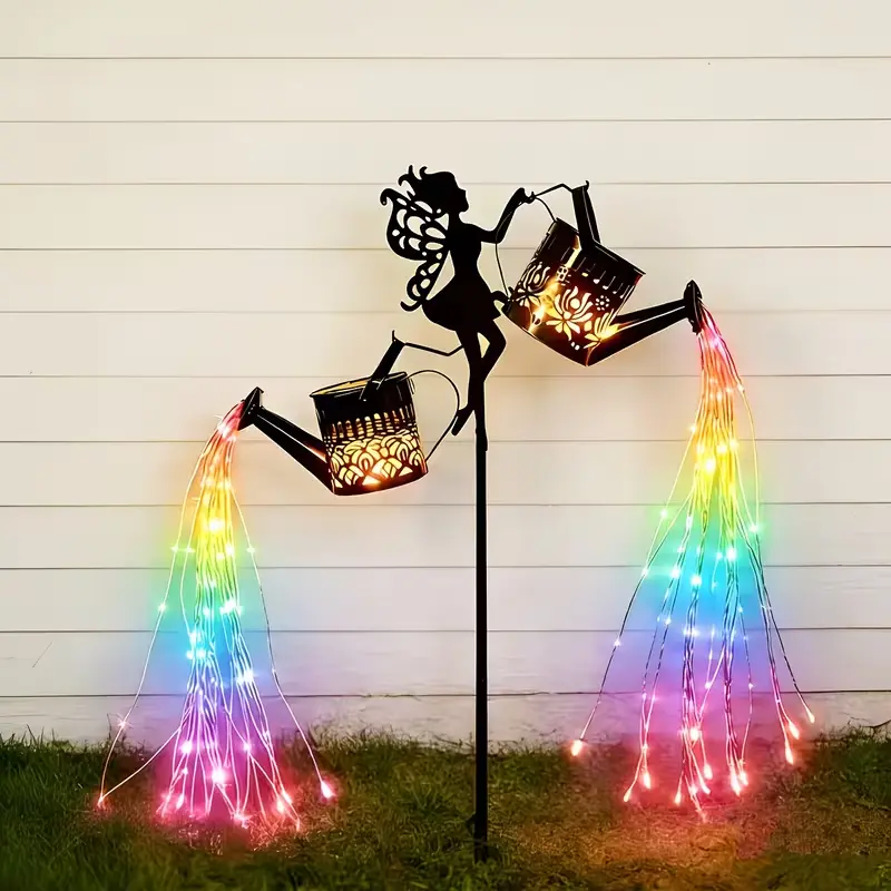 New Outdoor Solar Powered Fairy Statue Lamp, Equipped with Two Solar Hollowed Out Patterned Water Bottle Lanterns, Flowing Rainbow Waterfall Flashing Light String, Solar Powered Garden Outdoor Decorative Lamp, Solar Powered Hanging Lantern, Rose Lamp