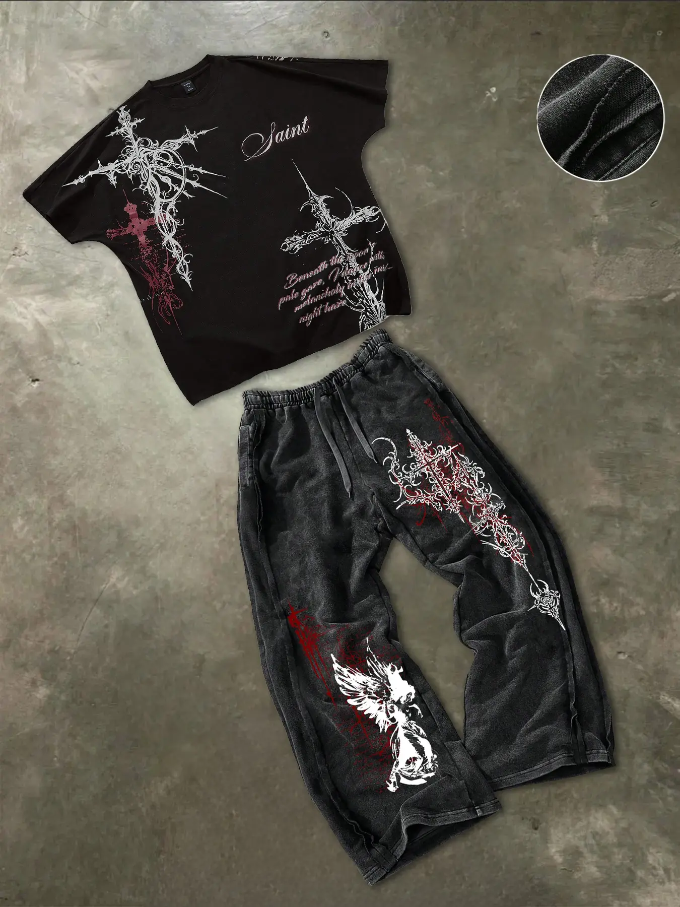 Men's Short Sleeve Tee, Round Neck and Washed Cotton Straight Leg Pants Set, Gothic Print, Graphic Tee Set, Casual Summer, Comfortable and Stylish, Menswear