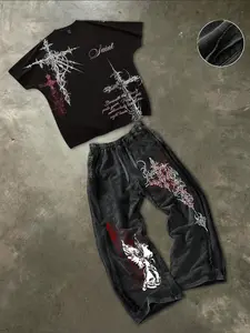 Men's Short Sleeve Tee and Washed Cotton Straight Leg Pants Set, Gothic Print, Casual Summer, Comfortable and Stylish