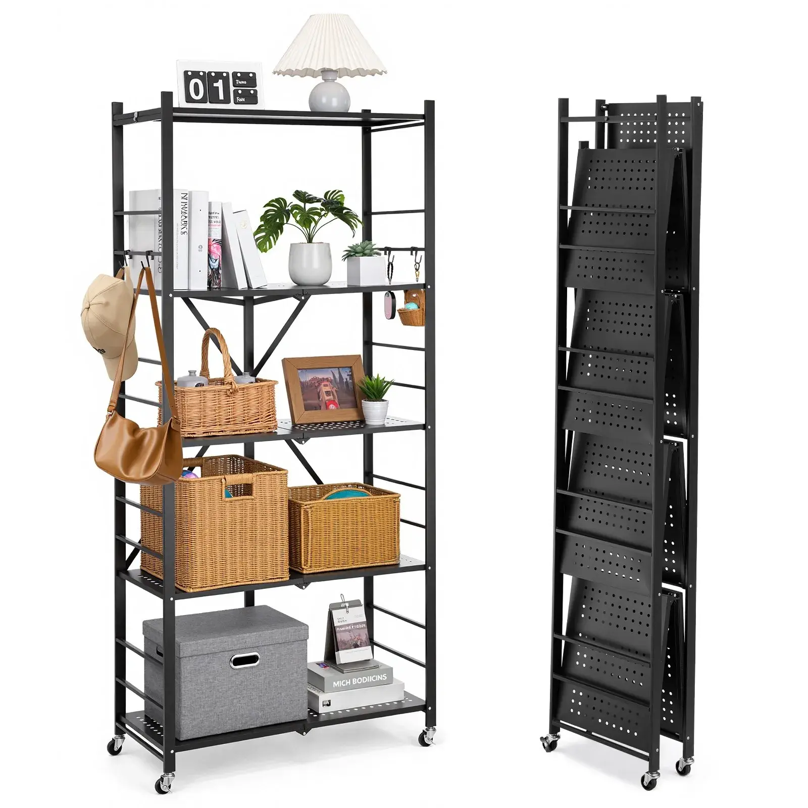 Black 5-Tier Foldable Metal Storage Shelf - 32W x 14D x 72H in Folding Rack, No-Assembly Organizer with 5 Wheels & 4 Hooks for Pantry, Garage, Outdoor Use