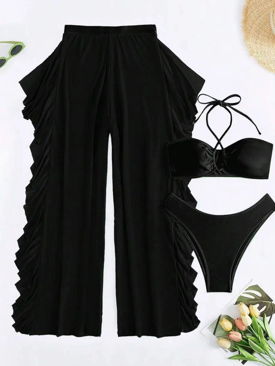 Seductive High Stretch Beachwear Swimsuit Set for Women, 3 Piece Boho Halter Bikini with Ruffles and High-Waist Mesh Pants, Bikini Bottom Swimwear, High Waisted