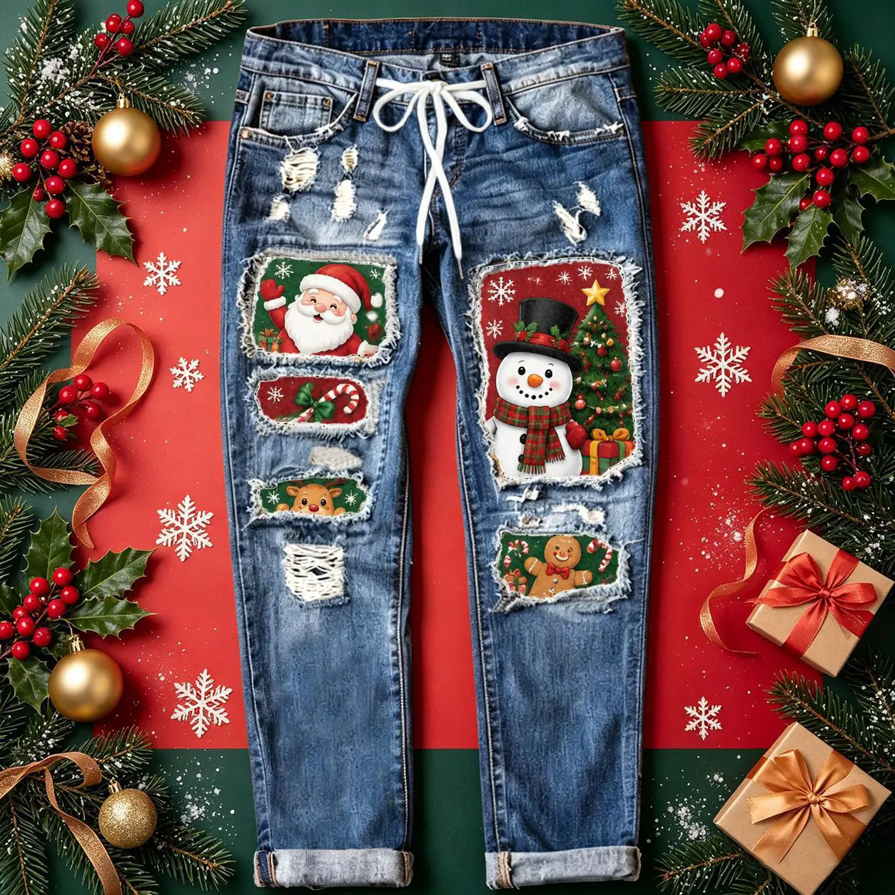 2026 New Women's Ripped Patchwork Denim Bottoms - Drawstring Waist, Distressed, Santa-Snowman-Christmas Tree-Gingerbread Man Patch Print, Straight Leg, Xmas Holiday Streetwear Outfit, Bottom, Santa Claus And The Christmas Tree