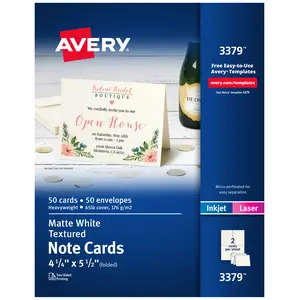 Avery Printable Note Cards, Envelopes Included, 4.25" x 5.5", Textured White, Laser & Inkjet Compatible, 50 Blank Cards Total (3379)