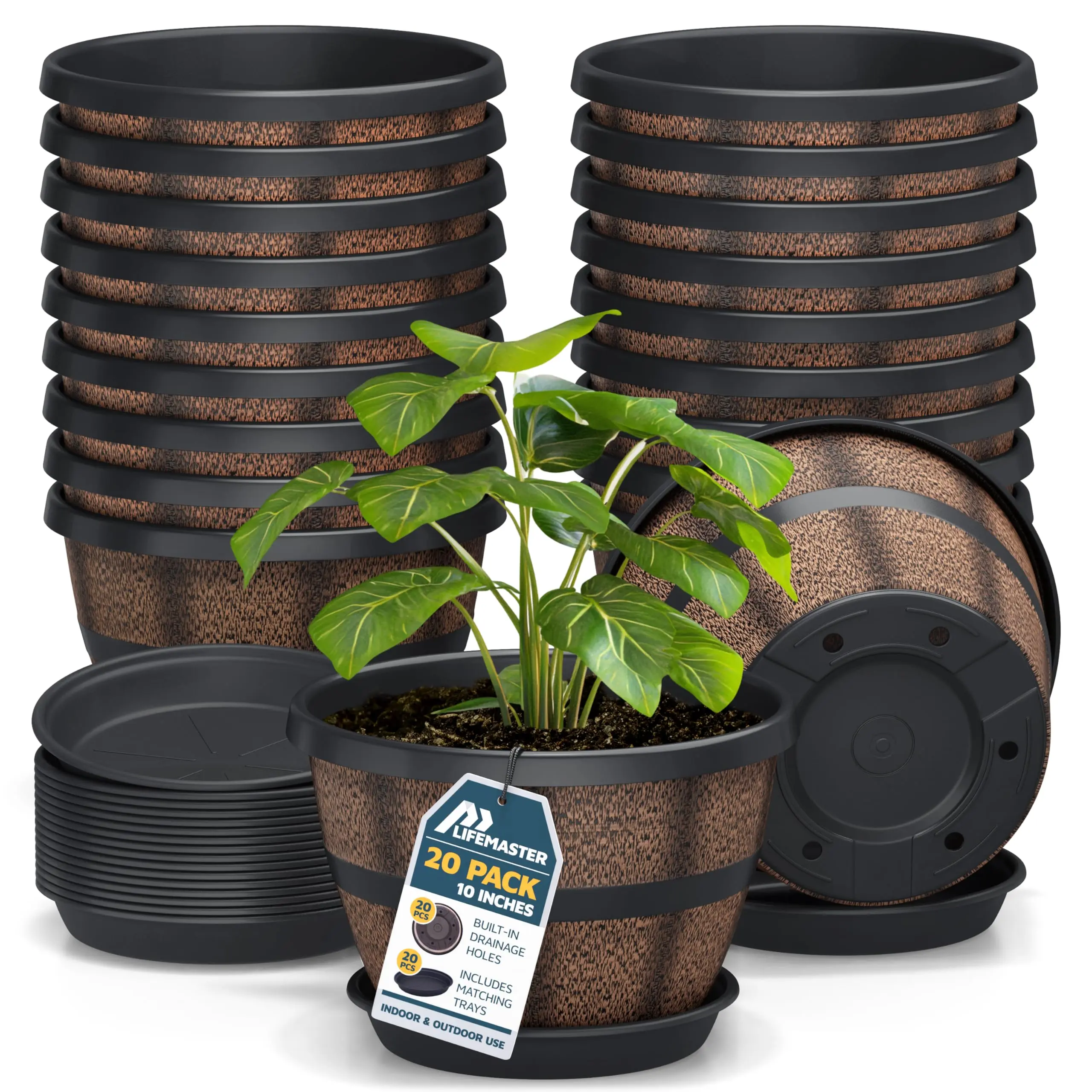 10-Inch Whiskey Barrel Planters Pack of 20, Durable Plastic Pots with Drainage & Saucer for Indoor Outdoor Plants