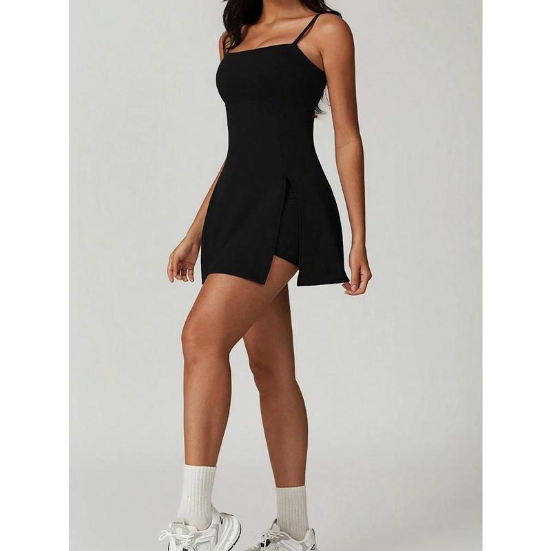 Women's Tennis Dress With Shorts, Spaghetti Strap Backless Yoga Golf Dresses, Side Slit A-Line Exercise Workout Dress(It Is Recommended To Buy The Product One Size Larger)
