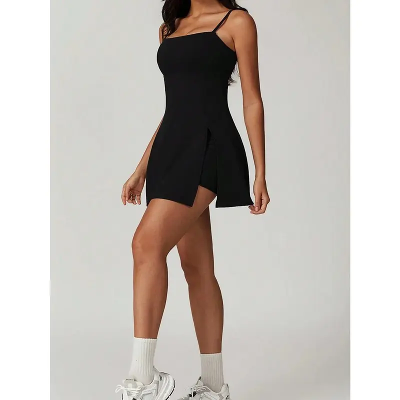 Women's Tennis Dress With Shorts, Spaghetti Strap Backless Yoga Golf Dresses, Side Slit A-Line Exercise Workout Dress(It Is Recommended To Buy The Product One Size Larger)